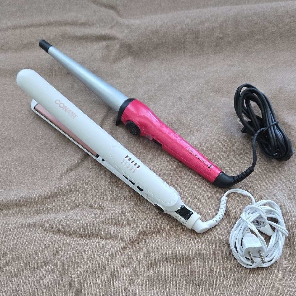 Conair White Flat Iron & Pink Tapered Curling Wand Set